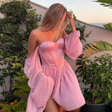 Elegant Pink Sweetheart Neck A-Line Chiffon Long Sleeve Short Prom Dresses Fashion Homecoming Dress HZ1108