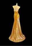 Gorgeous Gold Spaghetti Straps Mermaid Satin Long Prom Dresses Backless Evening Gowns With Slit HZ1108