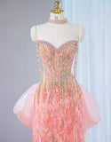 Sweet Pink Sweetheart Mermaid Beaded Tulle Long Prom Dresses Formal Evening Gowns HZ1108