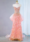 Sweet Pink Sweetheart Mermaid Beaded Tulle Long Prom Dresses Formal Evening Gowns HZ1108
