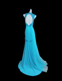 Glam Blue Halter Mermaid Chiffon Appliques Long Prom Dresses Formal Evening Gowns With Open Back HZ1108