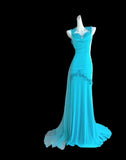 Glam Blue Halter Mermaid Chiffon Appliques Long Prom Dresses Formal Evening Gowns With Open Back HZ1108