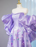 Fairytale Purple Off-shoulder A-Line Satin Long Prom Dresses Sweet Evening Gowns With Appliques HZ1108
