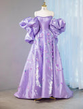 Fairytale Purple Off-shoulder A-Line Satin Long Prom Dresses Sweet Evening Gowns With Appliques HZ1108