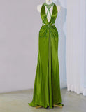 Stunning Green V-neck Sheath Satin Long Prom Dresses Formal Evening Gowns with Beading HZ1108