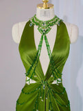 Stunning Green V-neck Sheath Satin Long Prom Dresses Formal Evening Gowns with Beading HZ1108