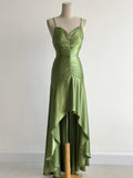 Vintage Green Spaghetti Strap Bodycon Satin Hi-Lo Long Prom Dresses Formal Evening Gowns HZ1108