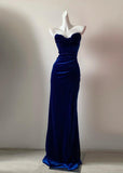 Elegant Navy Blue Strapless Mermaid Velvet Long Prom Dresses Formal Evening Gowns HZ1108