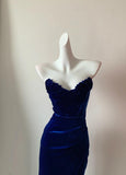 Elegant Navy Blue Strapless Mermaid Velvet Long Prom Dresses Formal Evening Gowns HZ1108