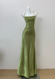 Glam Olive Green Spaghetti Straps Mermaid Satin Long Prom Dresses Formal Evening Gowns With Backless HZ1108