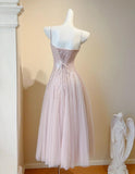 Sweet Blush Pink Spaghetti Straps A-Line Sequin Tulle Long Prom Dresses Birthday Evening Gowns HZ1108