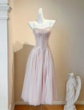 Sweet Blush Pink Spaghetti Straps A-Line Sequin Tulle Long Prom Dresses Birthday Evening Gowns HZ1108