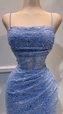 Sexy Glitter Blue Spaghetti Straps Bodycon Tulle Lace Short Prom Dresses Birthday Party Dress with Sequins HZ1108