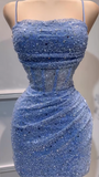 Sexy Glitter Blue Spaghetti Straps Bodycon Tulle Lace Short Prom Dresses Birthday Party Dress with Sequins HZ1108