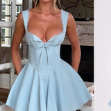 Simple Blue Square Neck A-Line Satin Short Prom Dresses Sweet Homecoming Dress HZ1108