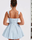 Simple Blue Square Neck A-Line Satin Short Prom Dresses Sweet Homecoming Dress HZ1108