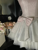 Sweet Pink Spaghetti Straps A-Line Glitter Satin Tulle Short Prom Dresses Homecoming Dress With Bow HZ1108