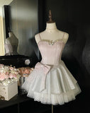 Sweet Pink Spaghetti Straps A-Line Glitter Satin Tulle Short Prom Dresses Homecoming Dress With Bow HZ1108