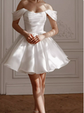 Elegant White Off-Shoulder A-Line Satin Short Party Dresses Homecoming Dress HZ1108