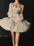 Stunning White Tulle A-Line Square Neck Polka Dot Short Prom Dresses Elegant Party Dresses HZ1108