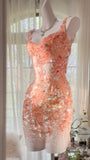 Gorgeous Orange Pink V-Neck A-Line Beaded Short Prom Dresses HZ1108