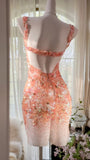 Gorgeous Orange Pink V-Neck A-Line Beaded Short Prom Dresses HZ1108