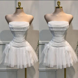 Chic White Strapless A-Line Tulle Short Prom Dresses Fashion Homecoming Dress HZ1108