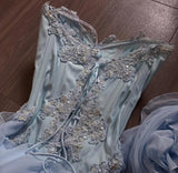 Sweet Light Blue Strapless A-Line Chiffon Long Prom Dresses Elegant Formal Evening Gowns HZ1108