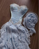 Sweet Light Blue Strapless A-Line Chiffon Long Prom Dresses Elegant Formal Evening Gowns HZ1108