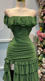 Stunning Forest Green Off-the-shoulder Bodycon Chiffon Tiered Long Party Dresses Evening Gowns with Slits HZ1108