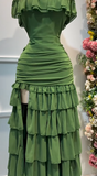 Stunning Forest Green Off-the-shoulder Bodycon Chiffon Tiered Long Party Dresses Evening Gowns with Slits HZ1108
