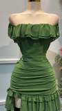 Stunning Forest Green Off-the-shoulder Bodycon Chiffon Tiered Long Party Dresses Evening Gowns with Slits HZ1108