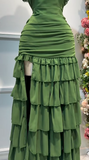 Stunning Forest Green Off-the-shoulder Bodycon Chiffon Tiered Long Party Dresses Evening Gowns with Slits HZ1108