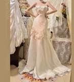 Gorgeous White Strapless Mermaid Tulle Applique Long Prom Dresses Formal Evening Gowns HZ1108