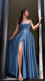 Elegant Navy Blue Sweetheart Neck A-Line Glitter Sequins Long Prom Dresses Evening Gowns with Open Back HZ1108