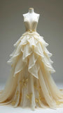 Gorgeous Apricot Deep V Neck A-Line Layered Tulle Long Prom Dresses Formal Evening Gowns HZ1108