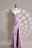 Elegant Pink Sweetheart Neck Mermaid Satin Long Prom Dresses Formal Evening Gowns with Slits HZ1108