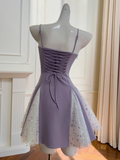Gorgeous Lavender Spaghetti Straps A-Line Satin Short Prom Dresses Glitter Tulle Homecoming Dresses with Bows HZ1108