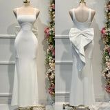 Elegant White Square Neck Mermaid Satin Prom Dresses Formal Evening Gowns with Bow HZ1108