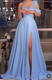 Glam Blue One Shoulder A-Line Chiffon Long Prom Dresses Formal Evening Gowns with Slits HZ1108