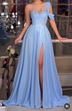 Glam Blue One Shoulder A-Line Chiffon Long Prom Dresses Formal Evening Gowns with Slits HZ1108