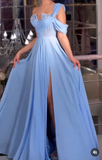 Glam Blue One Shoulder A-Line Chiffon Long Prom Dresses Formal Evening Gowns with Slits HZ1108