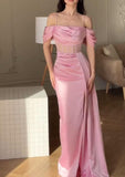 Sweet Pink Off Shoulder Sheath Satin Long Prom Dresses Formal Evening Gowns with Slits HZ1108