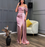 Sweet Pink Off Shoulder Sheath Satin Long Prom Dresses Formal Evening Gowns with Slits HZ1108