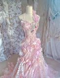 Fairytale Pink Sweetheart Mermaid Tulle Long Prom Dresses Formal Evening Gowns with Appliques HZ1108