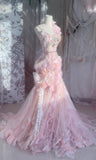 Fairytale Pink Sweetheart Mermaid Tulle Long Prom Dresses Formal Evening Gowns with Appliques HZ1108
