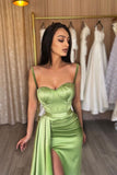 Glam Green Spaghetti Straps Mermaid Satin Short Long Prom Dresses Formal Evening Gowns with Slits HZ1108