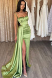 Glam Green Spaghetti Straps Mermaid Satin Short Long Prom Dresses Formal Evening Gowns with Slits HZ1108