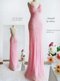 Elegant Pink V Neck Mermaid Chiffon Beading Long Prom Dresses Vintage Formal Evening Gowns HZ1108