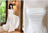 Sweet White Strapless A-Line Chiffon Long Prom Dresses Birthday Evening Gowns HZ1108
